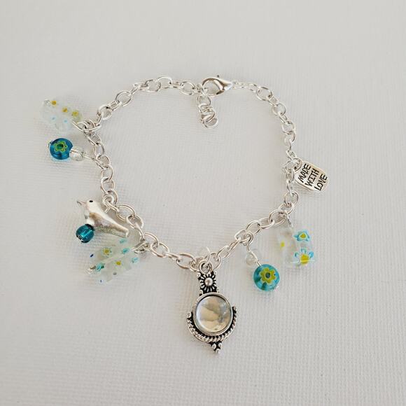 Turquoise Beaded Charm Bracelet for Bird and Flower Fan Mom Gift for Girl - Picture 1 of 6